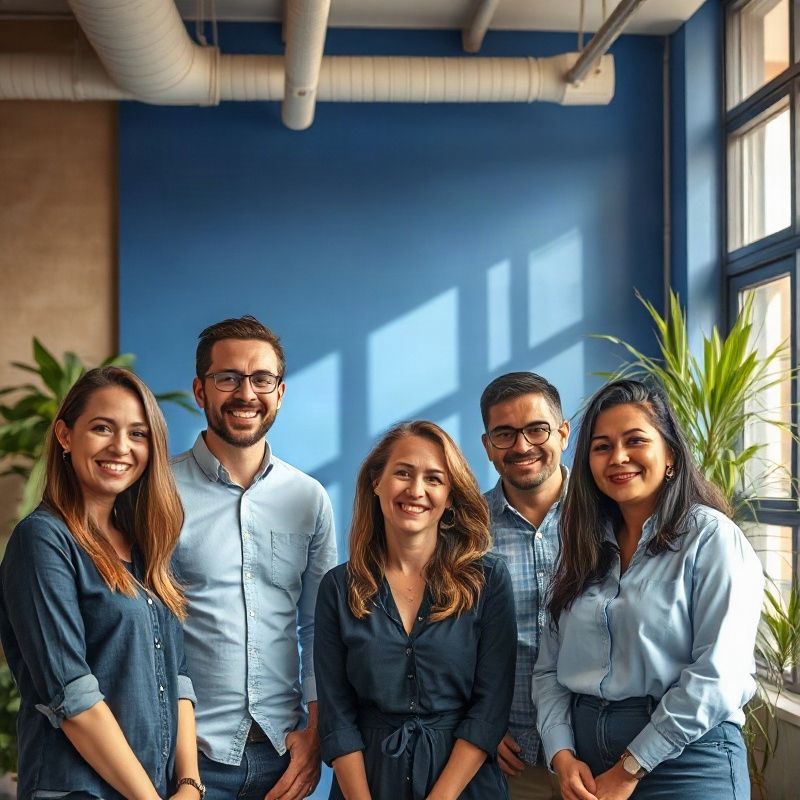 Retrato da equipe da Stonexdelta em seu espaço de trabalho iluminado por luz natural