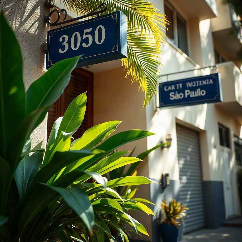 Fachada de endereço em bairro paulistano com plantas tropicais na entrada